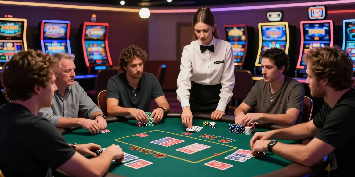 Exciting gameplay at a credit card casino featuring players engaged around a poker table surrounded by vibrant ambiance.