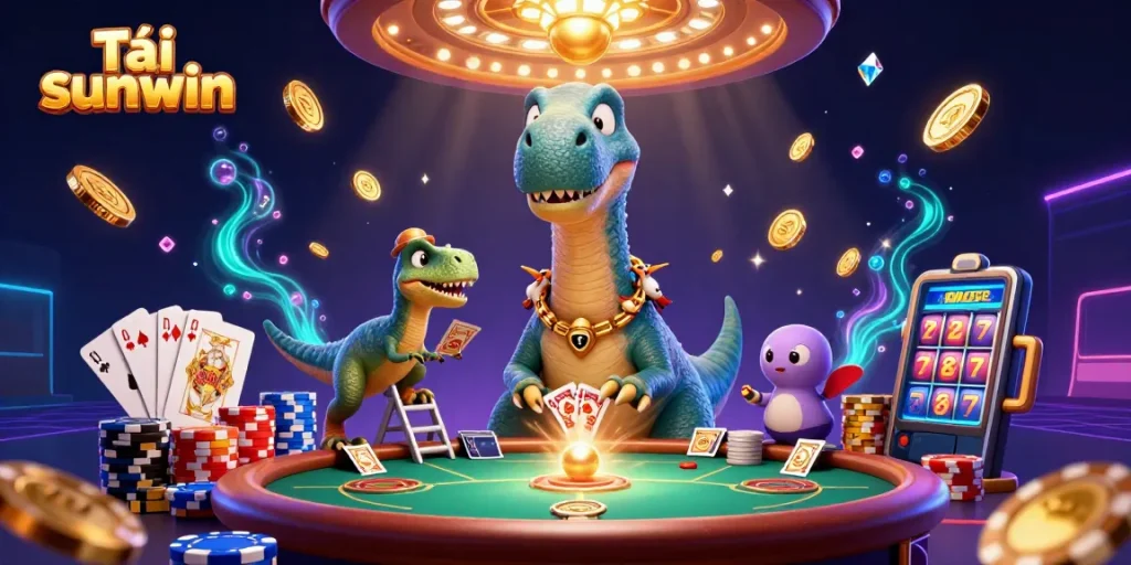 Experience Tải sunwin with dynamic gaming action, featuring a playful dinosaur in a vibrant casino.
