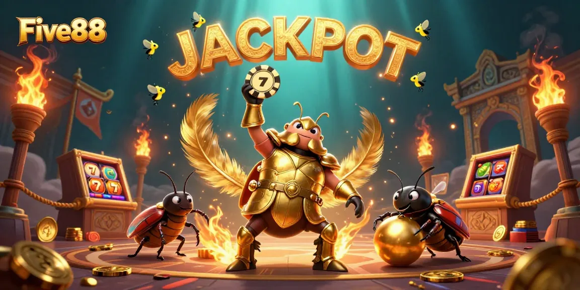 Five88 brings excitement with a dynamic 3D casino scene featuring a victorious beetle and jackpot elements.