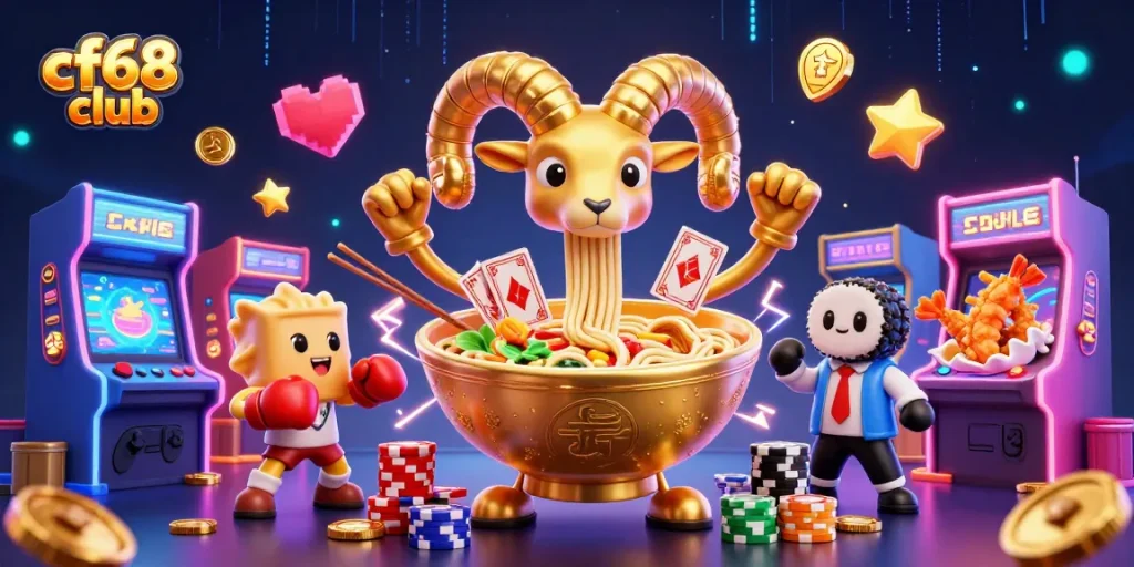 Engage with the exciting world of cf68 club as a golden ramen bowl character deals cards in a vibrant casino setting.