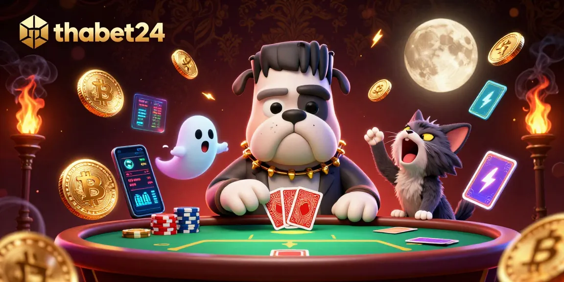 thabet24 players enjoying a spooky poker game with vibrant characters and cryptocurrency elements floating around