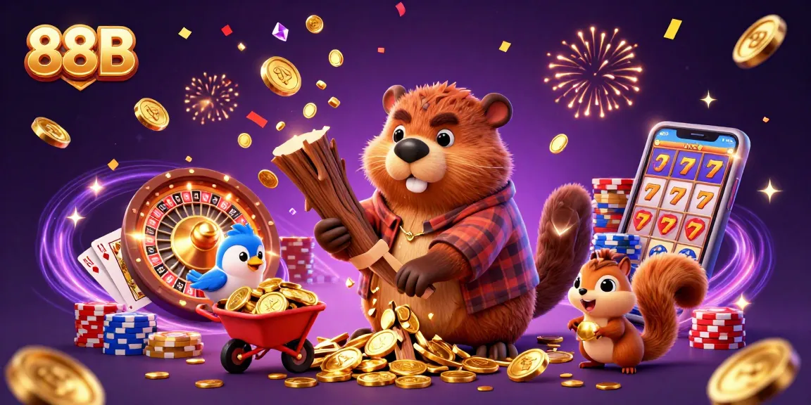 Engage with 88B's vibrant casino world featuring a beaver and friends surrounded by gold coins and casino elements.