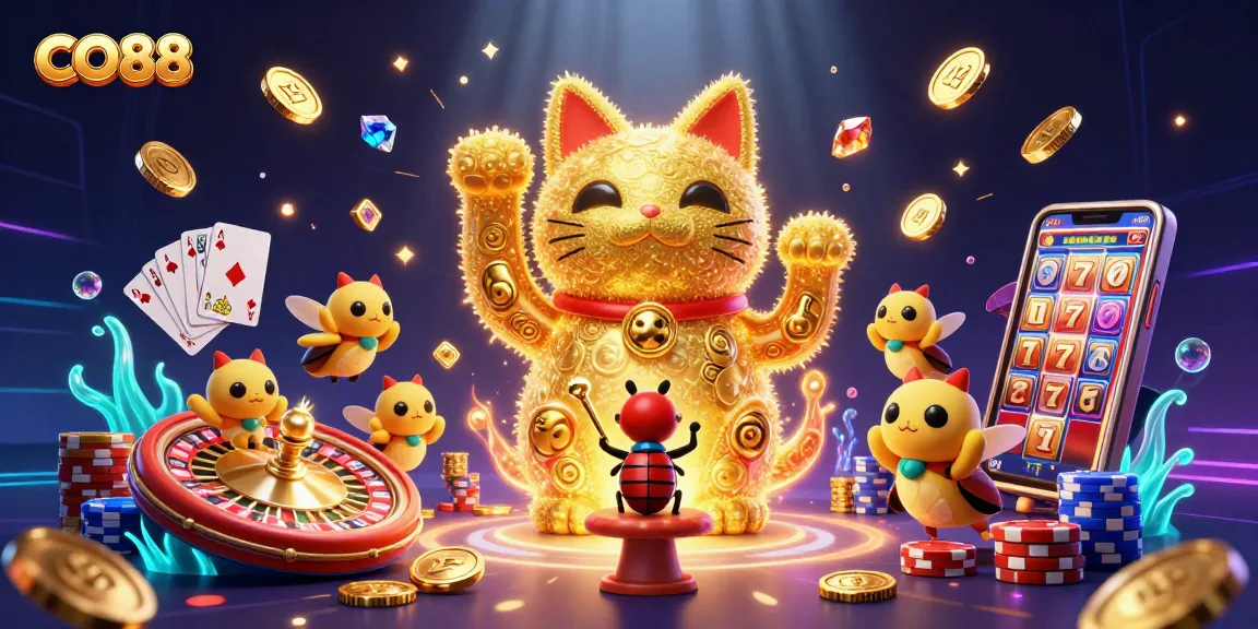 Experience CO88 casino excitement with a golden lucky cat and dynamic casino symbols.