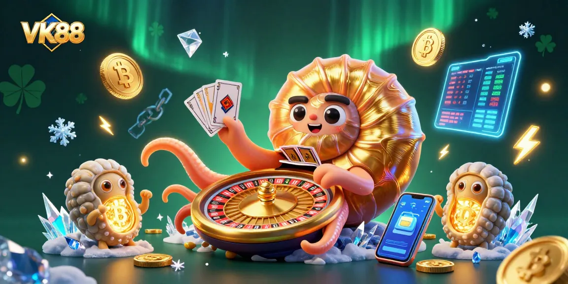 Engage with VK88 as the nautilus spins a roulette wheel and holds cards in this vibrant casino scene.