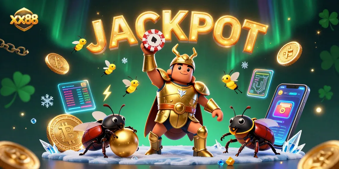 Experience exciting gameplay at xx88 with a vibrant scene featuring a victorious beetle and dynamic casino elements.