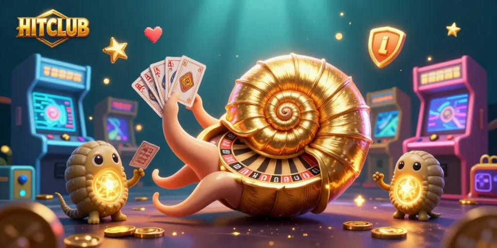 Experience the thrill of HITCLUB with a giant nautilus roulette wheel in a vibrant casino scene.