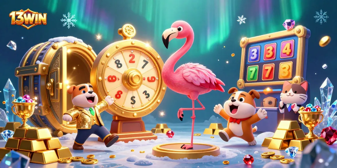 Spin the 13WIN prize wheel in a vibrant casino scene filled with treasures and excitement.