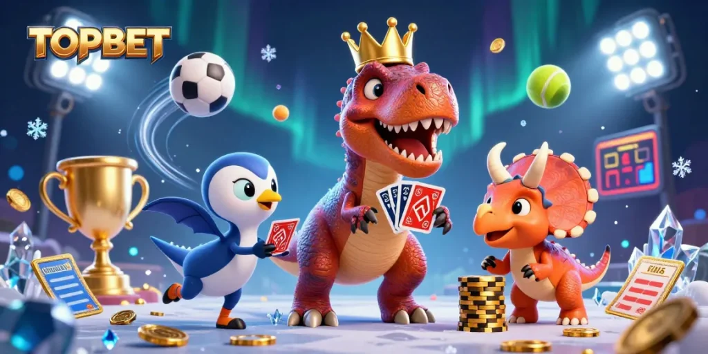TOPBET showcases a playful T-Rex shuffling cards, symbolizing fun in online gambling.