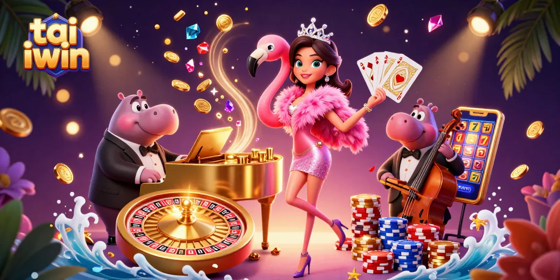 Spin and win at tai iwin with vibrant casino elements and lively characters in this engaging illustration.