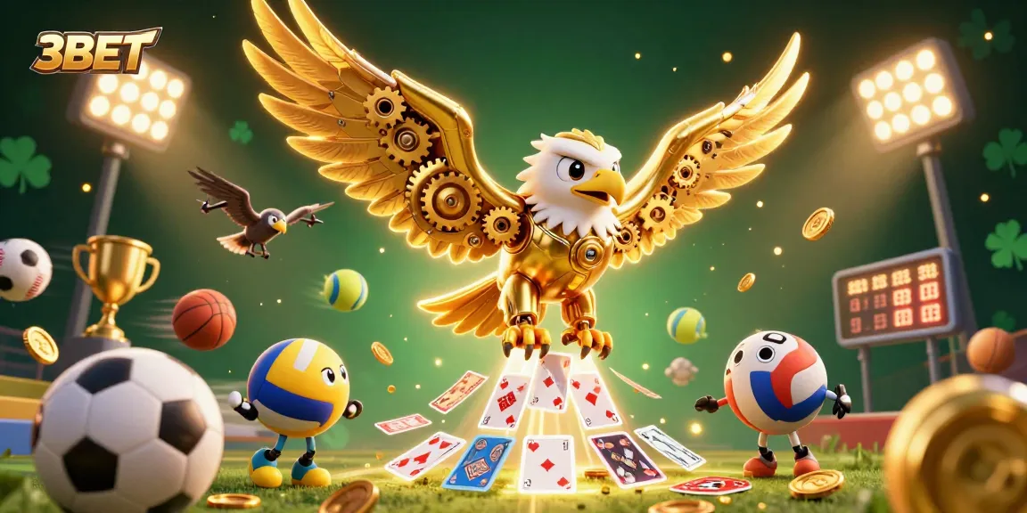 Engage with 3BET's dynamic casino scene featuring a golden eagle amidst holographic cards and sports elements.