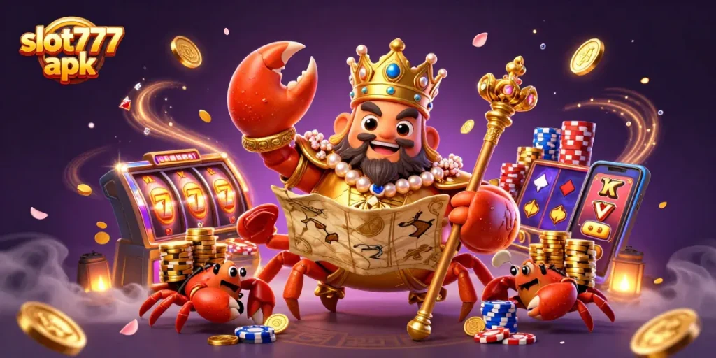 Engage with the exciting slot777 apk featuring a golden crab emperor in a dynamic casino scene