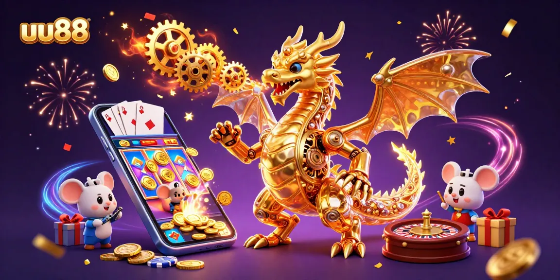 Experience the thrill of uu88's golden dragon and slot games in this vibrant casino illustration.