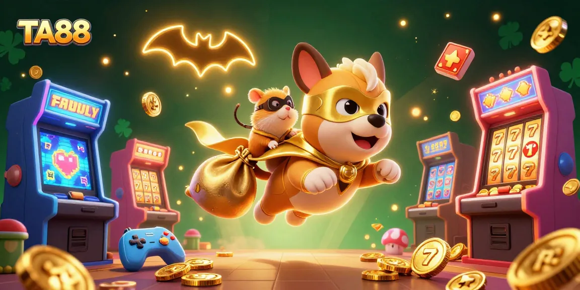 Experience the excitement of TA88 as a superhero dog and sidekick fly with gold coins, celebrating casino gaming.