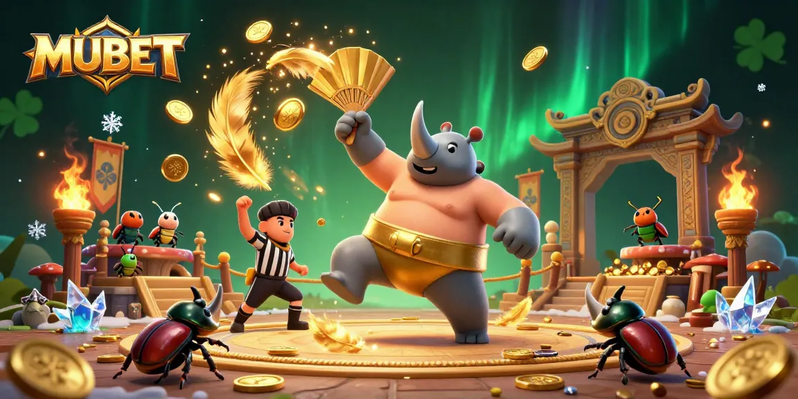 Engage with MUBET's thrilling betting experience through a dynamic illustration of a sumo beetle champion.
