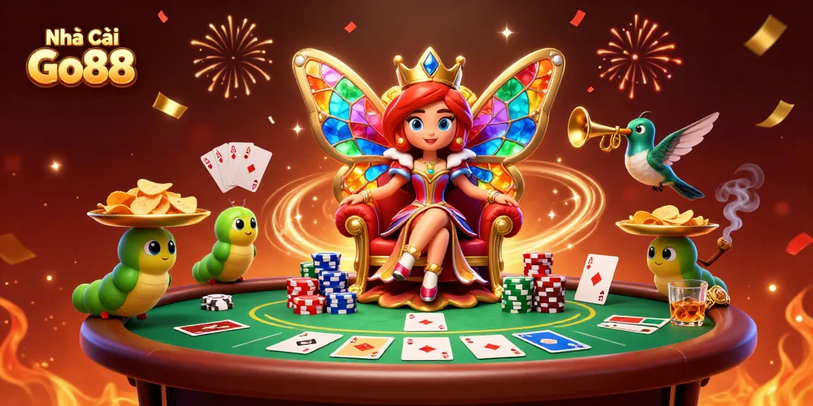 Experience the thrill of Nhà cái Go88 with vibrant poker elements and a stunning queen in a 3D digital illustration.