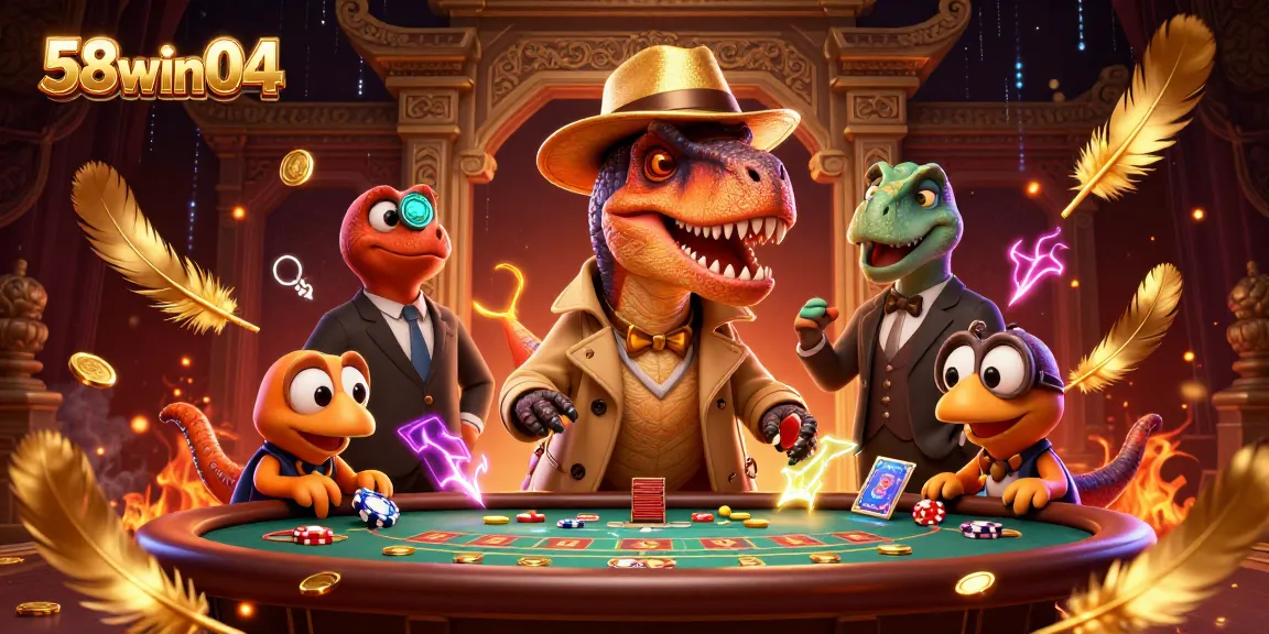 Experience thrilling gaming with 58win04, featuring a cunning velociraptor card counter and a stegosaurus pit boss in a vibrant casino scene.
