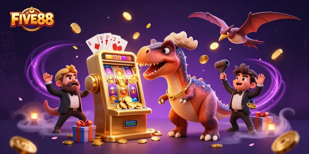 FIVE88 jackpot celebration with colorful slot machine and animated dinosaurs in a vibrant casino