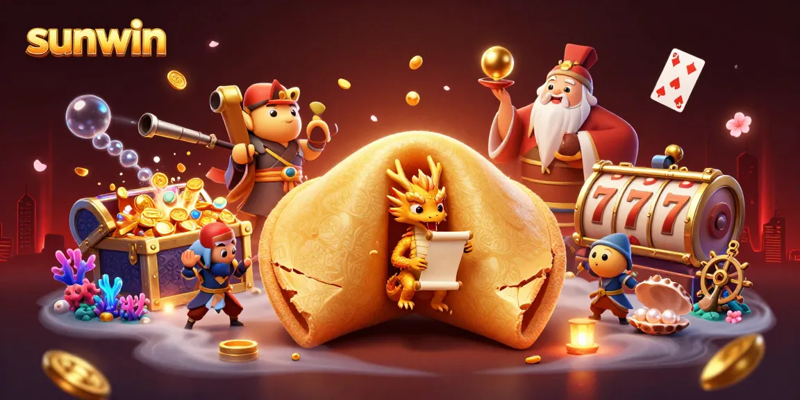 Sunwin's 3D fantasy scene with a golden fortune cookie, dragon, and vibrant slot game elements.