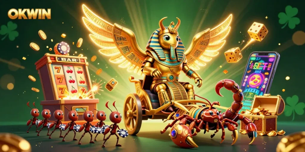 Experience the excitement of OKWIN with a colossal golden scarab and jackpot slot action.