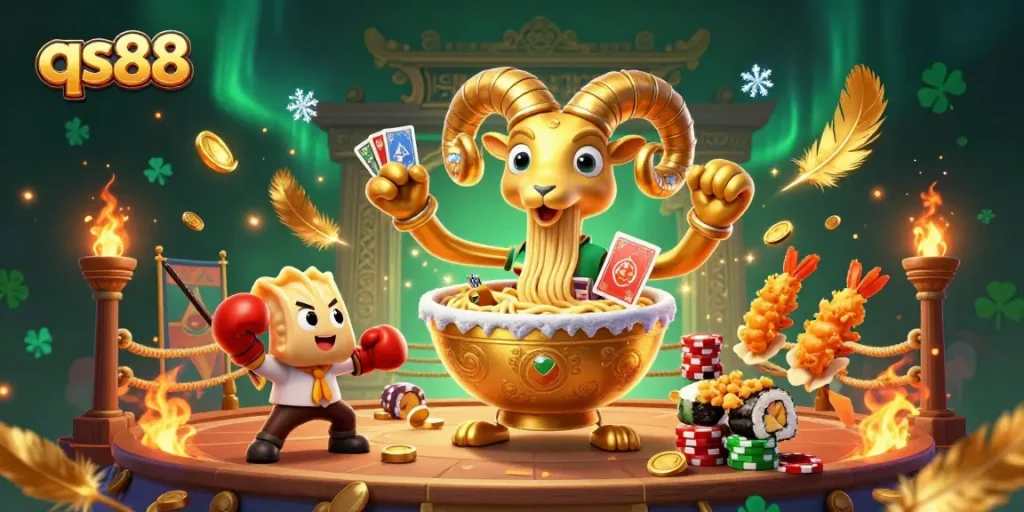 Win big with qs88 in a vibrant 3D illustration showcasing a giant ramen bowl dealer and playful casino characters.