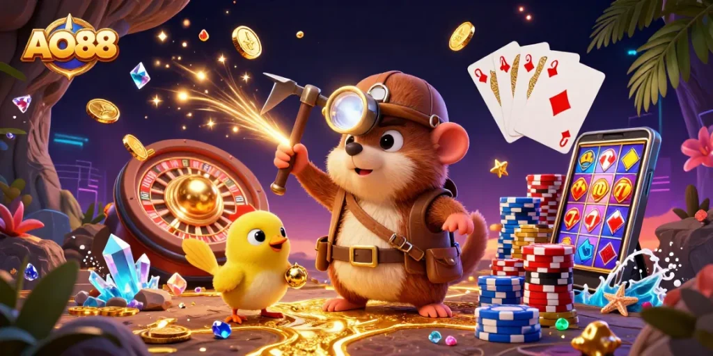 Experience the thrill of AO88 with a cartoon treasure hunter and dazzling casino elements in a vibrant illustration.