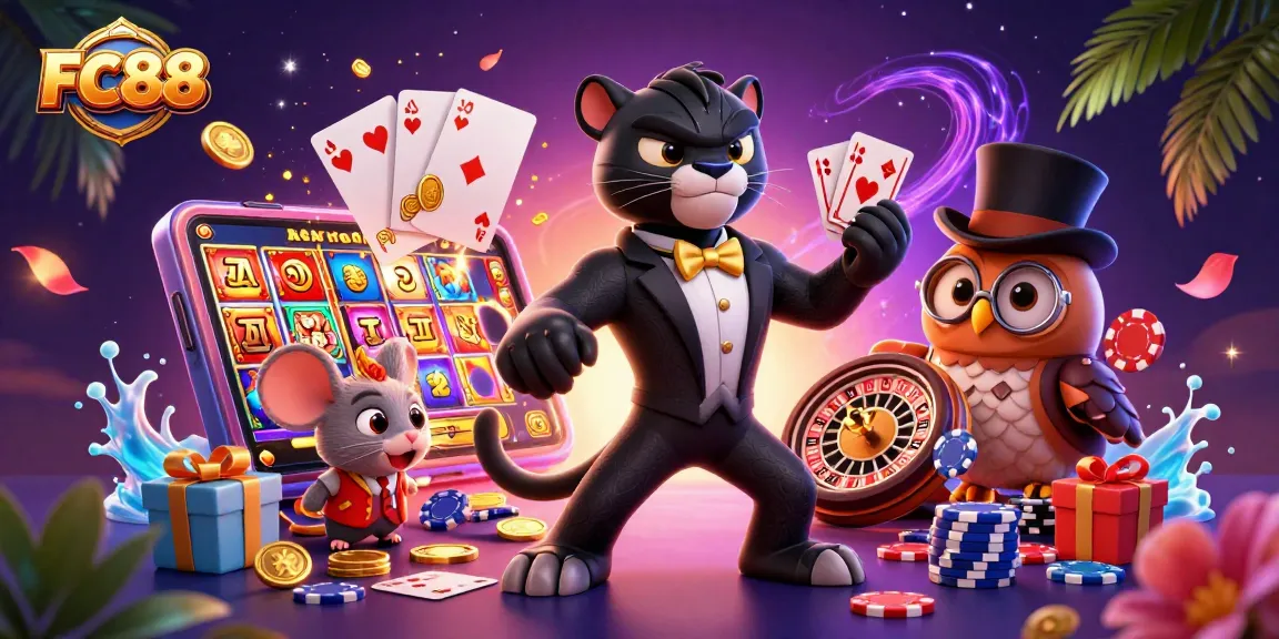 Engage in fun with FC88 while exploring vibrant slots as a black panther dealers cards amidst coins and luck!