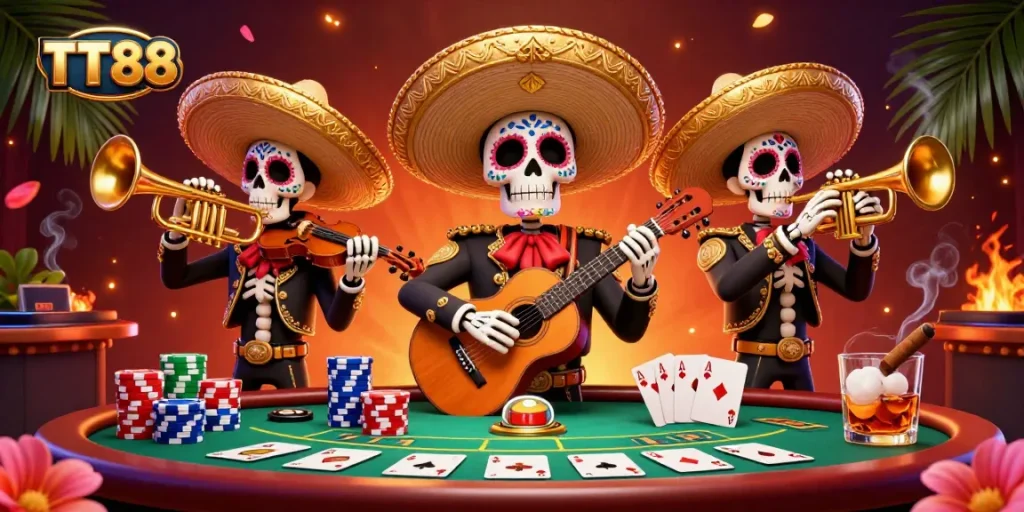 Engage in TT88 with a lively mariachi band amidst colorful poker elements.