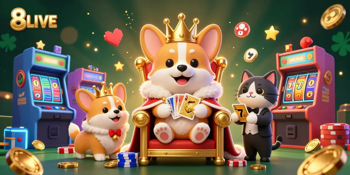 Enjoy the vibrant casino experience with 8LIVE featuring royal corgis and slot games.