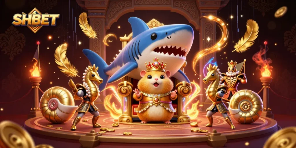 Experience thrilling gaming at SHBET with vibrant 3D casino illustration featuring royal gambling characters.