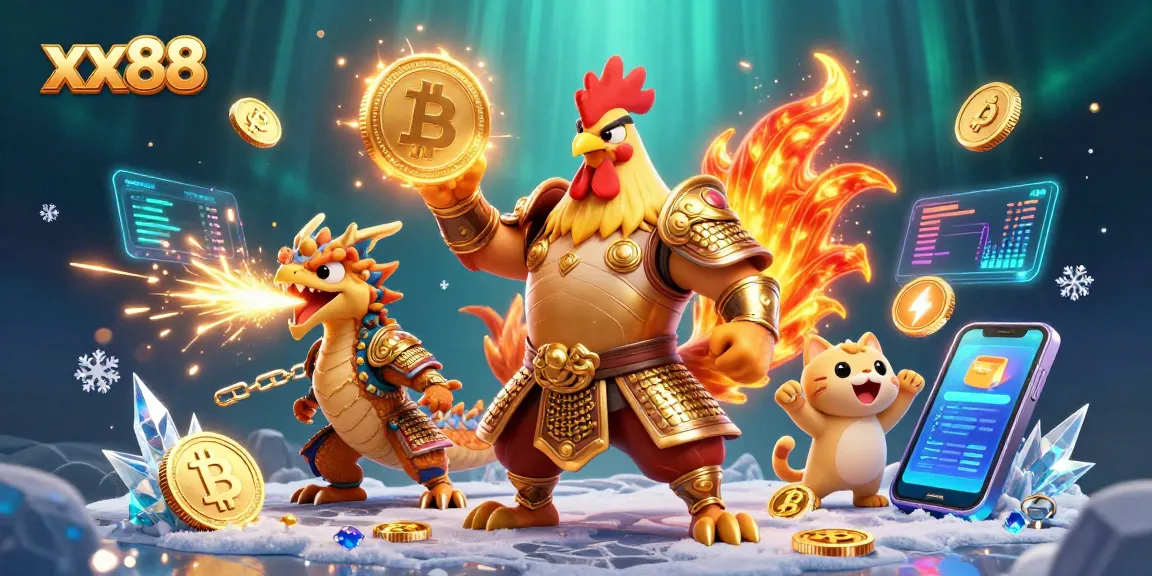 Bet on exciting games at xx88 with a roaring fighting rooster and dragon amidst vibrant casino elements.