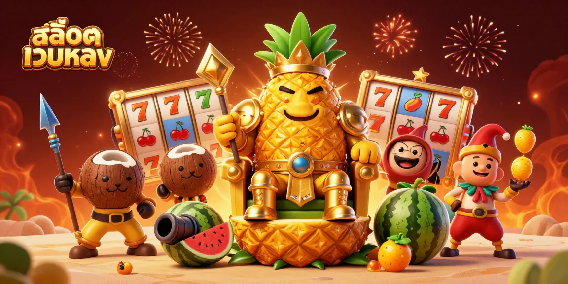 Experience the excitement of สล็อตเว็บตรง with a 3D cartoon pineapple king and dynamic casino elements.