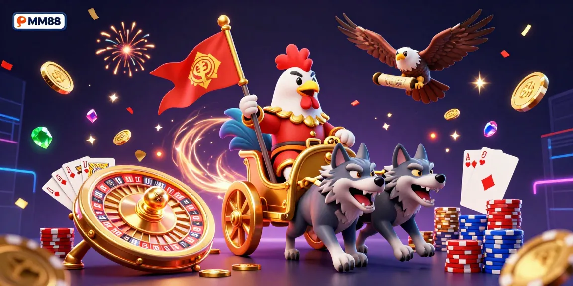 Experience thrilling gameplay in MM88 with an exciting casino illustration featuring a rooster warlord.