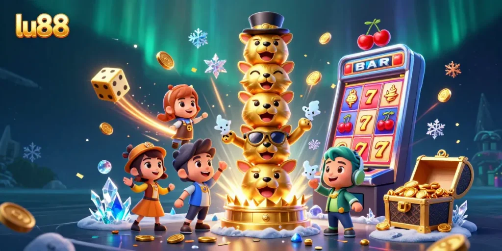 Experience thrilling jackpots with lu88's vibrant 3D casino illustration, featuring dynamic game elements.