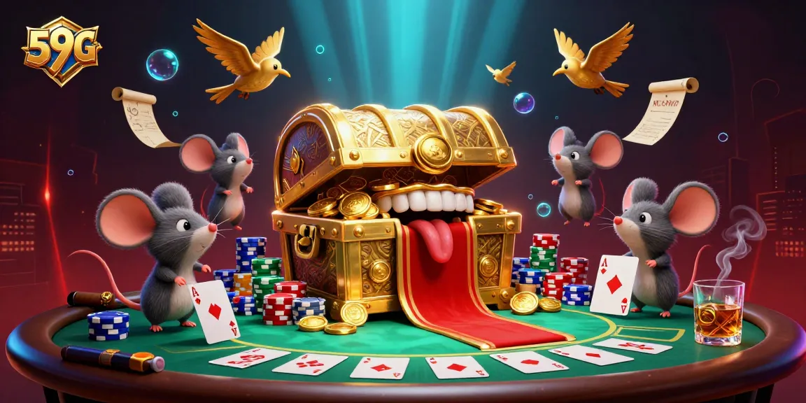 Experience 59G's vibrant casino adventure with iconic characters, treasure chests, and poker elements.