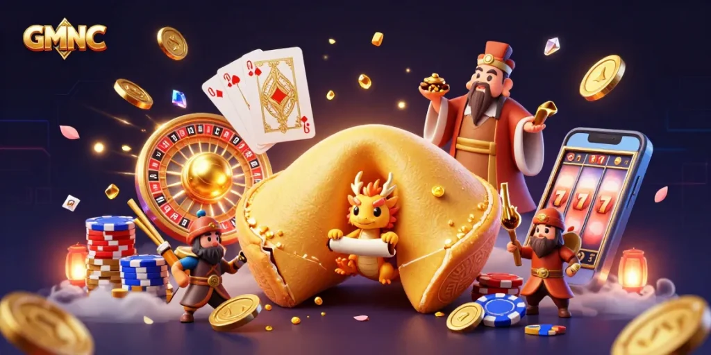 Experience GMNC's innovative features in a vibrant casino-themed illustration showcasing exciting gameplay elements.