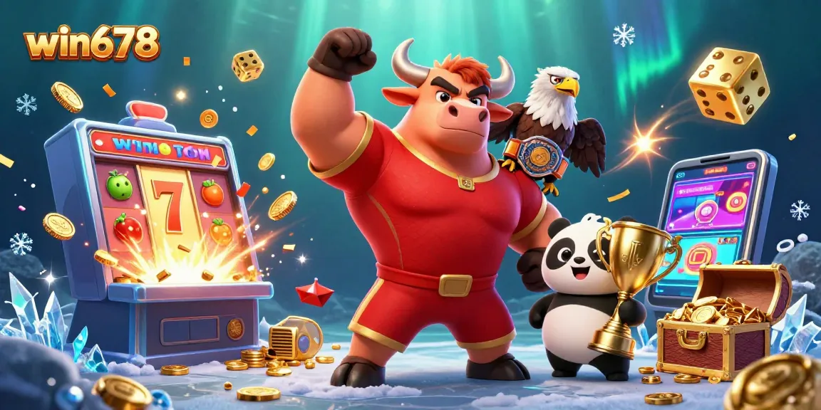 Win678 slot game experience featuring a muscular bull mascot, eagle, and panda amidst jackpot elements.