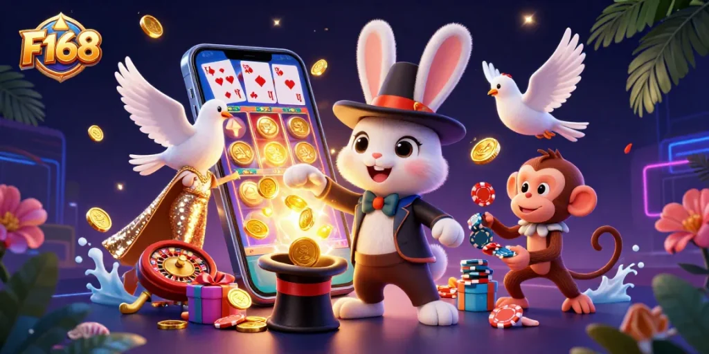 F168 magician rabbit conjuring golden coins and poker chips in a vibrant casino scene, engaging players with dynamic action