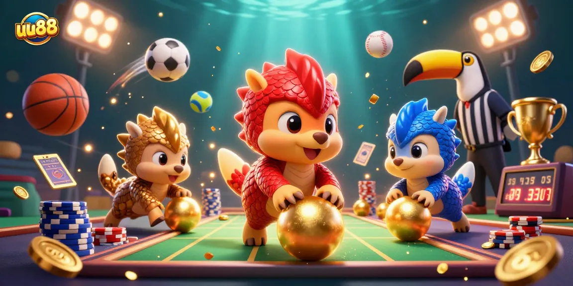 uu88 pangolins bowling through poker chips in a vibrant 3D casino scene, showcasing competitive gambling action.