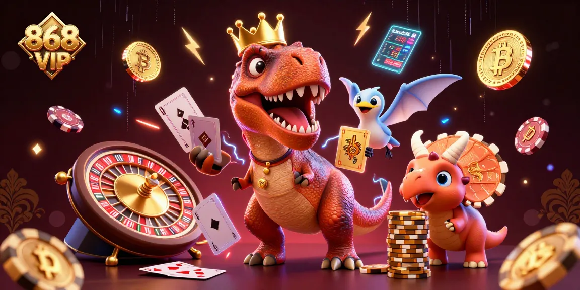 Engage in exciting gaming action with 868VIP as a T-Rex shuffles cards while a pterodactyl assists.