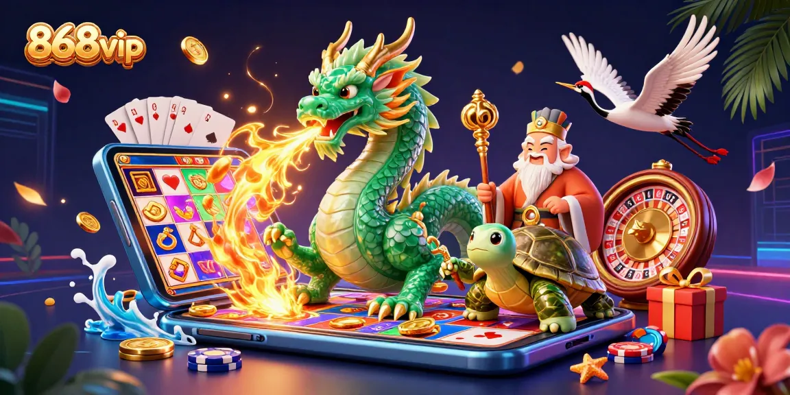 Engage in thrilling games at 868vip with a vibrant illustration of a jade dragon, turtle sage, and lucky cranes.