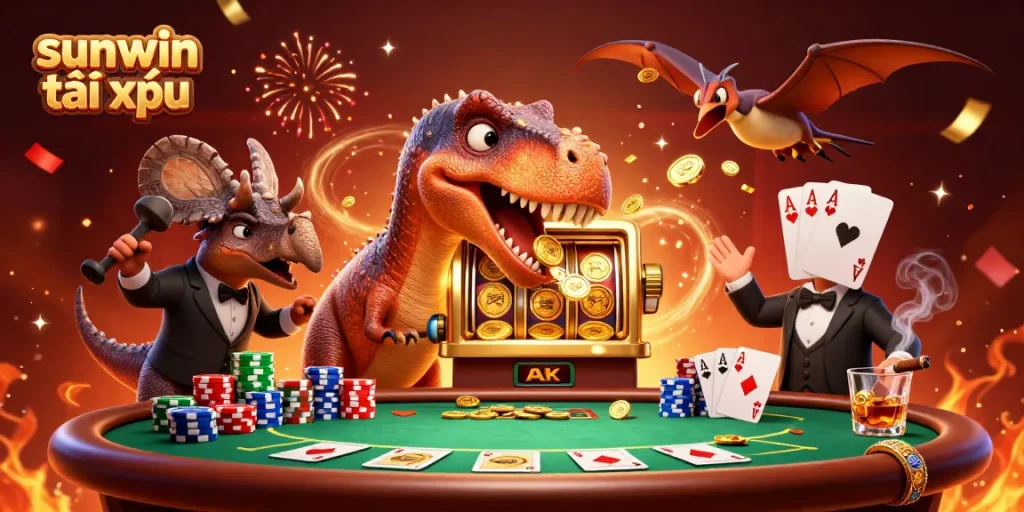 Witness the excitement of sunwin tài xỉu as a dinosaur hits the jackpot in a vibrant casino scene.