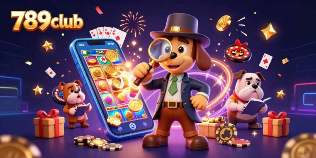 Engage with the 789club adventure uncovering poker secrets with a cartoon detective and vibrant casino elements.