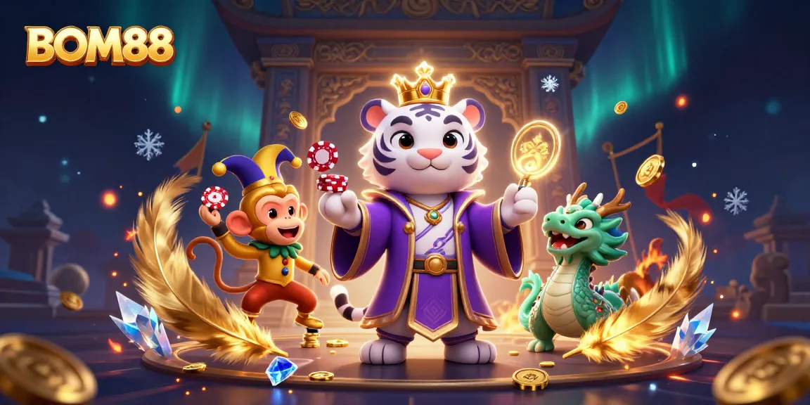 Engage with BOM88's captivating 3D casino illustration featuring vibrant characters and gold coins.