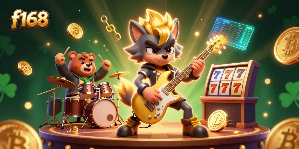 Experience the excitement of playing slots with f168 while a rock star wolf shreds on stage, surrounded by crypto coins.