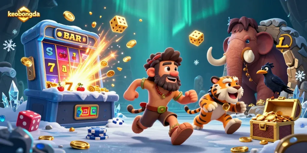 Engage with keobongda in a vibrant prehistoric casino scene featuring unique characters and dynamic gambling elements.