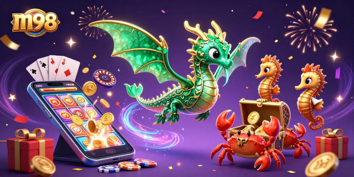 m98 sea dragon guarding treasures in a vibrant casino scene with slot games