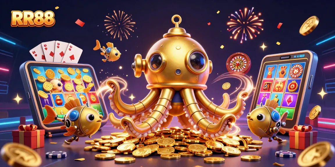Experience RR88's exciting slot games with the golden kraken submarine ensemble in action.