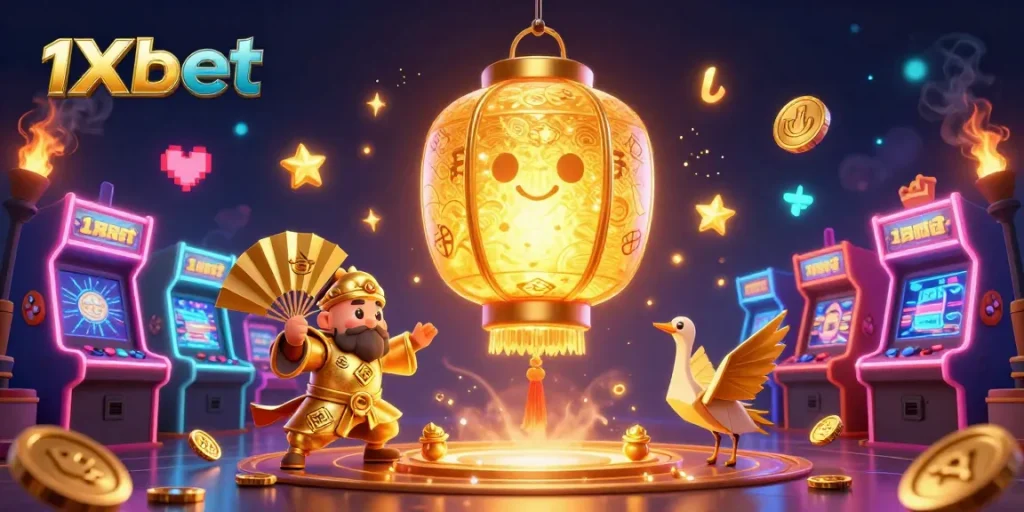 Engage in thrilling gameplay at 1xbet with a dynamic casino scene featuring glowing spirits and vibrant game elements.