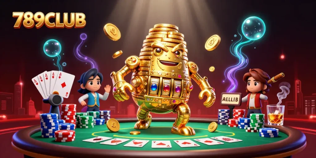 Engage with thrilling games at 789CLUB, featuring a dazzling 3D casino illustration with poker action.