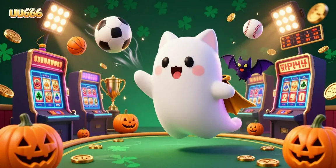uu666 casino illustration featuring a friendly ghost cat and vampire bat celebrating wins with sports betting elements.